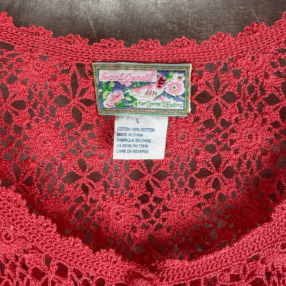 vintage Crochet Cotton Cardigan April Cornell Pink Floral Short Sleeve Button L - Picture 2 of 8